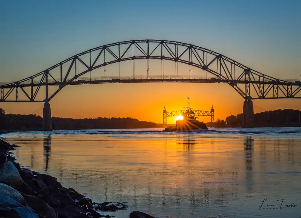 Sunset over the Cape Cod Canal and the Bourne Bridge
